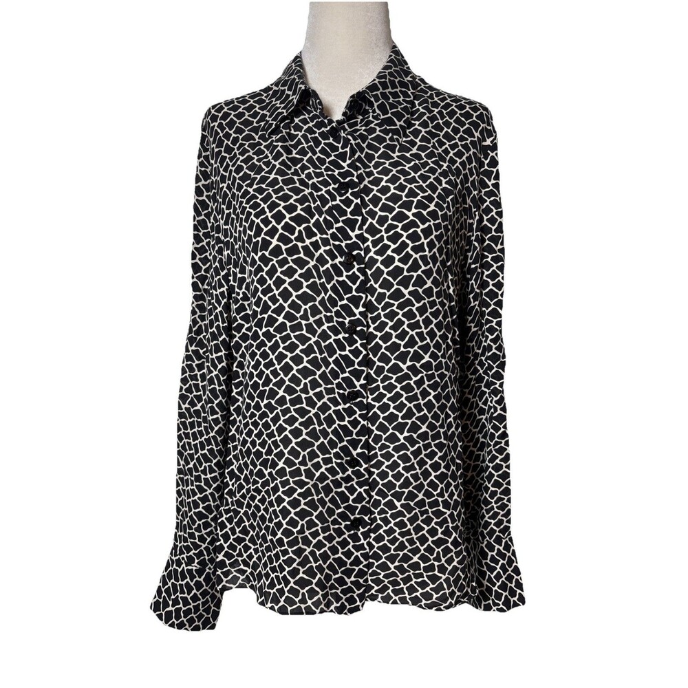 INC International Concepts 14P Silk Blouse Black White Geometric Long Sleeve - Picture 1 of 5